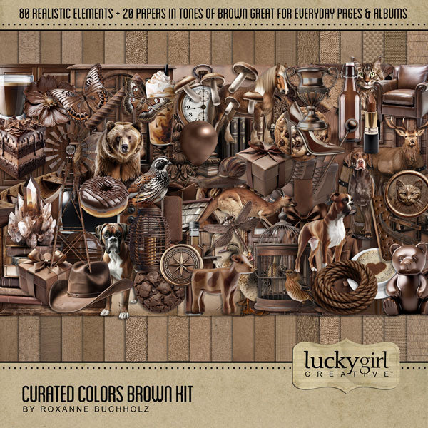 Collect the entire series of Curated Colors by Lucky Girl Creative digital art! Access your digital art in easy-to-use coordinated color palettes. Add these brown embellishments and textured papers to all your digital scrapbooking pages and mix-and-match them on various projects throughout the year! Brown embellishments include bear, quail, bird, butterfly, deer, stag, Boxer, dog, puppy, duck, horse, snail, kangaroo, Maine Coon, cat, moth, chicken coop, balloon, barrel, beer bottle, cage, canoe, and more.