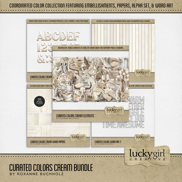 Collect the entire series of Curated Colors by Lucky Girl Creative digital art! Access your digital art in easy-to-use coordinated color palettes. Add these cream and off white embellishments, textured and wood papers, alpha set, and everyday wire word art to all your digital scrapbooking pages and mix-and-match them on various projects throughout the year! Embellishments include bird, albatross, kitty cat, dog, Komondor, balloons, bandage, bow, ribbon, leaf, branch, candle, cap, hat,  and more.