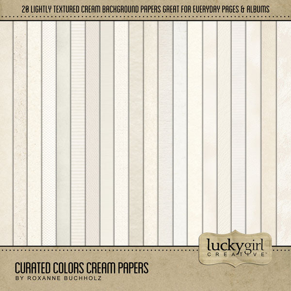 Collect the entire series of Curated Colors by Lucky Girl Creative digital art! Access your digital art in easy-to-use coordinated color palettes. Add these cream and off white subtle textured backgrounds to all your digital scrapbooking pages and mix-and-match them on various projects throughout the year! This kit is included in the Curated Colors Cream Bundle.