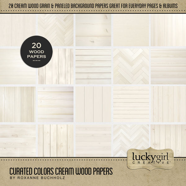 Collect the entire series of Curated Colors by Lucky Girl Creative digital art! Access your digital art in easy-to-use coordinated color palettes. Add these cream wood grain backgrounds to all your digital scrapbooking pages and mix-and-match them on various projects throughout the year! This kit is included in the Curated Colors Cream Bundle.