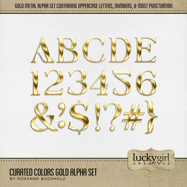 Collect the entire series of Curated Colors by Lucky Girl Creative digital art! Access your digital art in easy-to-use coordinated color palettes. Add these gold metal letters, numbers, and punctuation to all your digital scrapbooking pages and mix-and-match them on various projects throughout the year! 