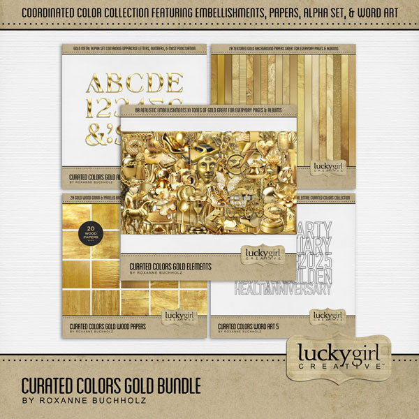 Collect the entire series of Curated Colors by Lucky Girl Creative digital art! Access your digital art in easy-to-use coordinated color palettes. Add these gold embellishments, textured and wood papers, alpha set, and everyday wire word art to all your digital scrapbooking pages and mix-and-match them on various projects throughout the year! Embellishments include bird, butterfly, horse, apple, balloons, banner, teddy bear, and more.