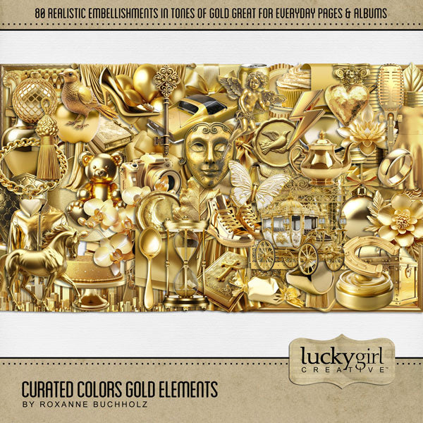 Collect the entire series of Curated Colors by Lucky Girl Creative digital art! Access your digital art in easy-to-use coordinated color palettes. Add these gold embellishments to all your digital scrapbooking pages and mix-and-match them on various projects throughout the year! Embellishments include bird, butterfly, horse, apple, balloons, banner, teddy bear, skyscrapers, city, Bible, books, ribbon, bow, cactus, cake, camera, and more.