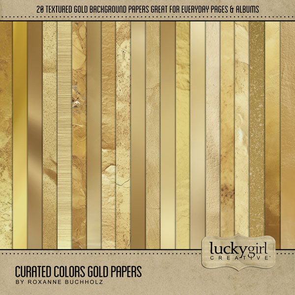 Collect the entire series of Curated Colors by Lucky Girl Creative digital art! Access your digital art in easy-to-use coordinated color palettes. Add these gold backgrounds to all your digital scrapbooking pages and mix-and-match them on various projects throughout the year! This kit is included in the Curated Colors Gold Bundle.