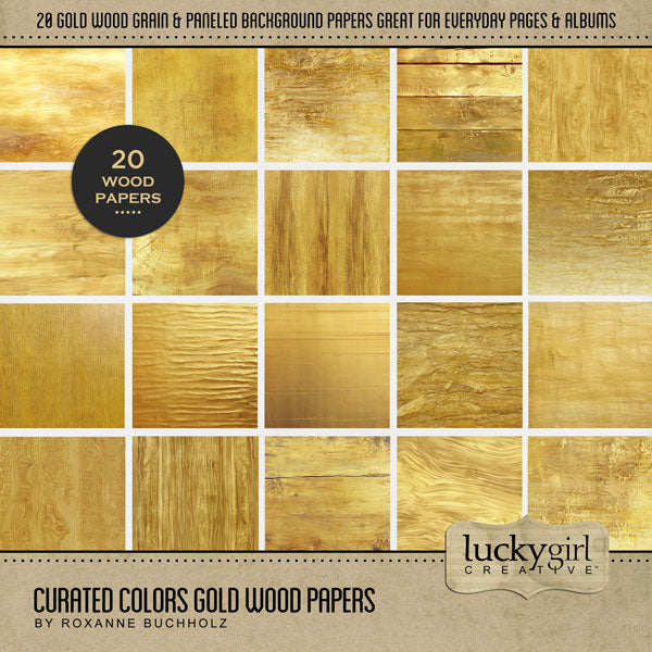 Collect the entire series of Curated Colors by Lucky Girl Creative digital art! Access your digital art in easy-to-use coordinated color palettes. Add these gold wood grain backgrounds to all your digital scrapbooking pages and mix-and-match them on various projects throughout the year! This kit is included in the Curated Colors Gold Bundle.