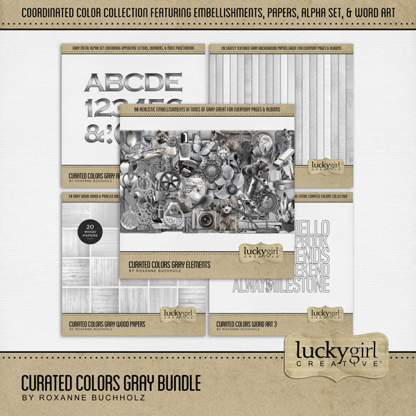 Collect the entire series of Curated Colors by Lucky Girl Creative digital art! Access your digital art in easy-to-use coordinated color palettes. Add these gray embellishments, textured and wood papers, alpha set, and everyday wire word art to all your digital scrapbooking pages and mix-and-match them on various projects throughout the year! Embellishments include angel wings, parrot, bird, Keeshond, dog, Pitbull, poodle, horse, butterfly, kitty cat, shark, car, automobile, backpack, balloons, and more.