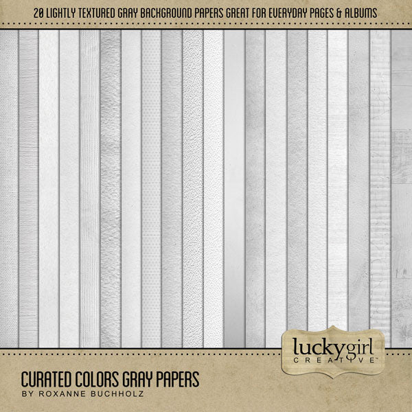 Collect the entire series of Curated Colors by Lucky Girl Creative digital art! Access your digital art in easy-to-use coordinated color palettes. Add these gray subtle textured backgrounds to all your digital scrapbooking pages and mix-and-match them on various projects throughout the year! This kit is included in the Curated Colors Gray Bundle.