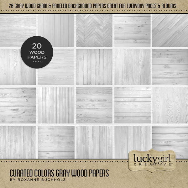 Collect the entire series of Curated Colors by Lucky Girl Creative digital art! Access your digital art in easy-to-use coordinated color palettes. Add these gray wood grain backgrounds to all your digital scrapbooking pages and mix-and-match them on various projects throughout the year! This kit is included in the Curated Colors Gray Bundle.