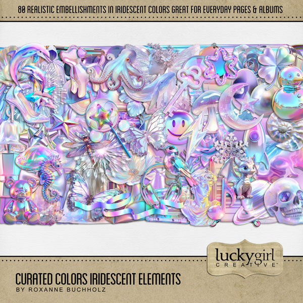 Collect the entire series of Curated Colors! Access your digital art in easy-to-use coordinated color palettes. Add these iridescent and holographic embellishments by Lucky Girl Creative digital art to all your digital scrapbooking pages and mix-and-match them on various projects throughout the year! Iridescent embellishments include angel wings, bird, dolphin, octopus, seahorse, unicorn, whale, puppy dog, balloon, wedding bell, glass bottle, ribbon, bow, bowtie, bubble, baseball cap, hat, clothes, fabric. 