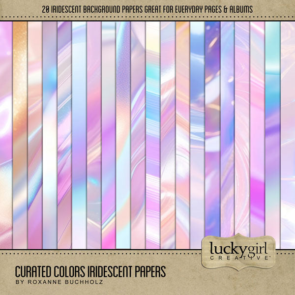 Collect the entire series of Curated Colors! Access your digital art in easy-to-use coordinated color palettes. Add these iridescent flowing backgrounds by Lucky Girl Creative digital art to all your digital scrapbooking pages and mix-and-match them on various projects throughout the year! Great for birthday, party, children, 80's, and everyday pages, too! This kit is included in the Curated Colors Iridescent Bundle.