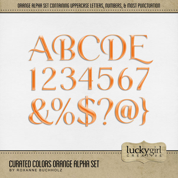 Collect the entire series of Curated Colors by Lucky Girl Creative digital art! Access your digital art in easy-to-use coordinated color palettes. Add these orange letters, numbers, and punctuation to all your digital scrapbooking pages and mix-and-match them on various projects throughout the year! Great for Halloween, fall, and autumn, too! The Curated Colors Orange Alpha Set consists of a full set of digital art uppercase alphabet letters A-Z, numbers 0-9, and most punctuation marks.