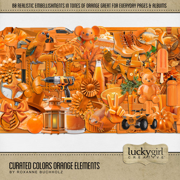 Collect the entire series of Curated Colors by Lucky Girl Creative digital art! Access your digital art in easy-to-use coordinated color palettes. Add these orange embellishments to all your digital scrapbooking pages and mix-and-match them on various projects throughout the year! Orange embellishments include parrot, bird, pheasant, butterfly, crab, goldfish, fish, newt, gecko, all terrain vehicle, ATV, muscle car, sports car, VW bus, ball, balloons, banner, flag, berries, tablecloth, blanket, and more.