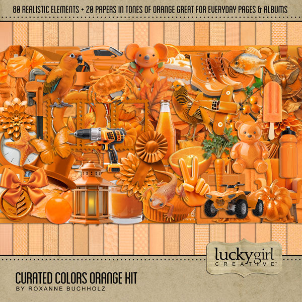 Collect the entire series of Curated Colors by Lucky Girl Creative digital art! Access your digital art in easy-to-use coordinated color palettes. Add these orange embellishments and textured papers to all your digital scrapbooking pages and mix-and-match them on various projects throughout the year! Orange embellishments include parrot, bird, pheasant, butterfly, crab, goldfish, fish, newt, gecko, all terrain vehicle, ATV, muscle car, sports car, VW bus, bag, ball, balloons, banner, flag, berry, and more.
