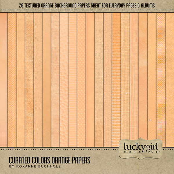 Collect the entire series of Curated Colors by Lucky Girl Creative digital art! Access your digital art in easy-to-use coordinated color palettes. Add these orange textured backgrounds to all your digital scrapbooking pages and mix-and-match them on various projects throughout the year! Great for Halloween, autumn, and fall, too. This kit is included in the Curated Colors Orange Bundle.