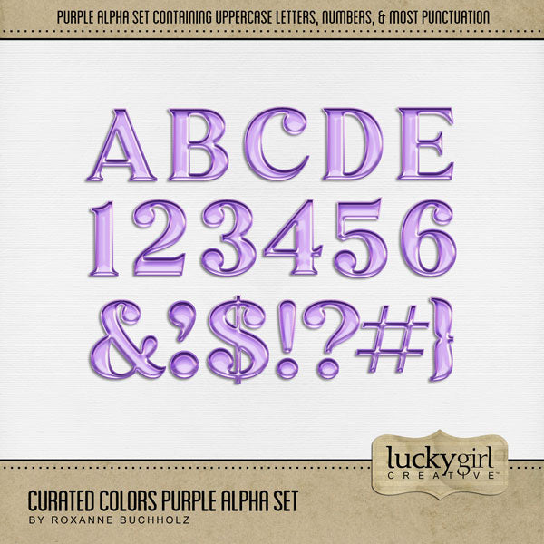 Collect the entire series of Curated Colors by Lucky Girl Creative digital art! Access your digital art in easy-to-use coordinated color palettes. Add these purple letters, numbers, and punctuation to all your digital scrapbooking pages and mix-and-match them on various projects throughout the year! The Curated Colors Purple Alpha Set consists of a full set of digital art uppercase alphabet letters A-Z, numbers 0-9, and most punctuation marks. This alpha set is available as individual embellishments only.