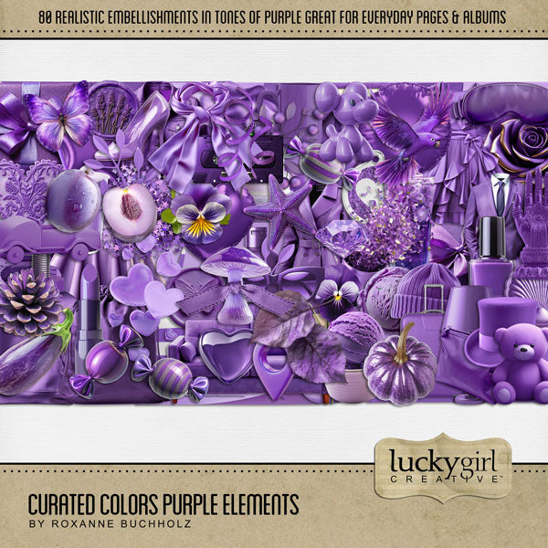 Collect the entire series of Curated Colors by Lucky Girl Creative digital art! Access your digital art in easy-to-use coordinated color palettes. Add these purple embellishments to all your digital scrapbooking pages and mix-and-match them on various projects throughout the year! Purple embellishments include bird, butterfly, bag, balloon, star, berry branch, bottle, shampoo, button, candle, candy, heart, denim jacket, dress, jacket, scarf, shirt, hoodie, sweatshirt, confetti, streamer, glitter, and more.
