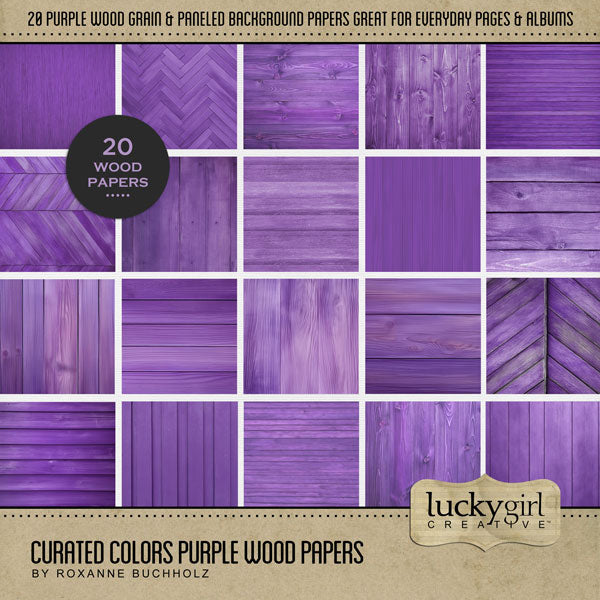 Collect the entire series of Curated Colors by Lucky Girl Creative digital art! Access your digital art in easy-to-use coordinated color palettes. Add these purple wood grain backgrounds to all your digital scrapbooking pages and mix-and-match them on various projects throughout the year! This kit is included in the Curated Colors Purple Bundle.