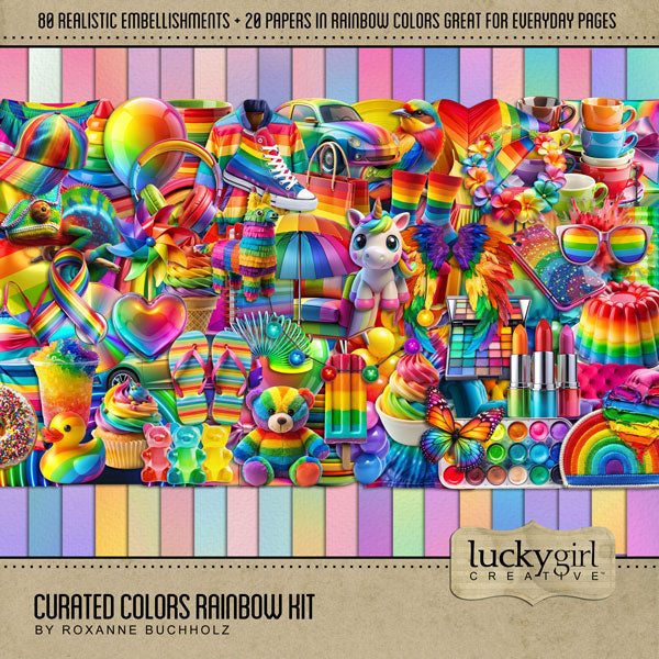 Collect the entire series of Curated Colors! Access your digital art in easy-to-use coordinated color palettes. Add these rainbow embellishments and textured papers by Lucky Girl Creative digital art to all your digital scrapbooking pages and mix-and-match them on various projects throughout the year! Embellishments include bird, butterfly, chameleon, balloon, balloon arch, heart, 80s bracelet, car, automobile, swim suit, bathing suit, dress, jacket, socks, hoodie sweatshirt, splash powder, and more.