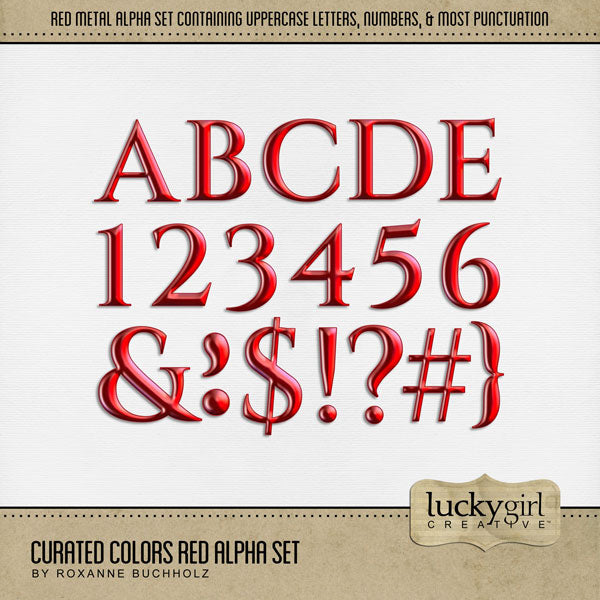 Collect the entire series of Curated Colors by Lucky Girl Creative digital art! Access your digital art in easy-to-use coordinated color palettes. Add these red metal letters, numbers, and punctuation to all your digital scrapbooking pages and mix-and-match them on various projects throughout the year! The Curated Colors Red Alpha Set consists of a full set of digital art uppercase alphabet letters A-Z, and numbers.