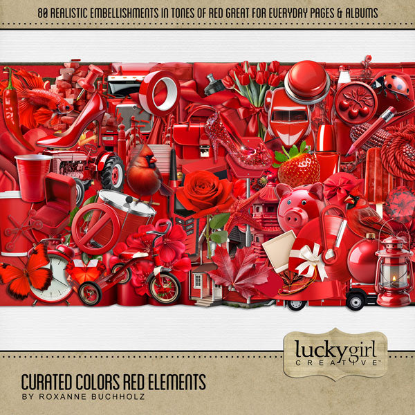 Collect the entire series of Curated Colors by Lucky Girl Creative digital art! Access your digital art in easy-to-use coordinated color palettes. Add these red embellishments to all your digital scrapbooking pages and mix-and-match them on various projects throughout the year! Embellishments include bird, cardinal, butterfly, ladybug, berries, tulips, bouquet, flowers, bow tie, branch, bricks, bridge, candles, car, automobile, auto, and more.