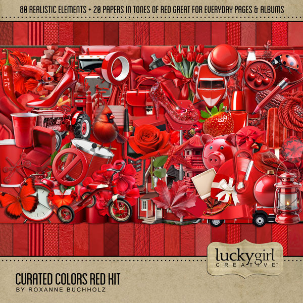 Collect the entire series of Curated Colors by Lucky Girl Creative digital art! Access your digital art in easy-to-use coordinated color palettes. Add these red embellishments and papers to all your digital scrapbooking pages and mix-and-match them on various projects throughout the year! Embellishments include bird, cardinal, butterfly, ladybug, berries, tulips, bouquet, flowers, bow tie, branch, bricks, bridge, candles, car, and more.