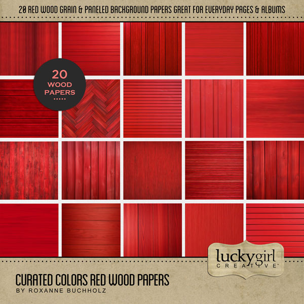 Collect the entire series of Curated Colors by Lucky Girl Creative digital art! Access your digital art in easy-to-use coordinated color palettes. Add these red wood grain backgrounds to all your digital scrapbooking pages and mix-and-match them on various projects throughout the year! This kit is included in the Curated Colors Red Bundle.