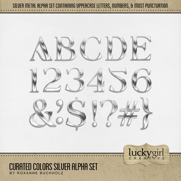 Collect the entire series of Curated Colors by Lucky Girl Creative digital art! Access your digital art in easy-to-use coordinated color palettes. Add these shiny silver alphabet letters, numbers, and punctuation to all your digital scrapbooking pages and mix-and-match them on various projects throughout the year! Great for Christmas, holiday, anniversary, birthday, New Year, and wedding, too! The Curated Colors Silver Alpha Set consists of a full set of digital art uppercase alphabet letters A-Z.