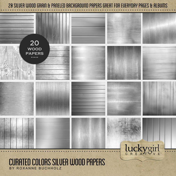 Collect the entire series of Curated Colors by Lucky Girl Creative digital art! Access your digital art in easy-to-use coordinated color palettes. Add these silver wood grain backgrounds to all your digital scrapbooking pages and mix-and-match them on various projects throughout the year! Great for Christmas, holiday, anniversary, birthday, and wedding, too! This kit is included in the Curated Colors Silver Bundle.