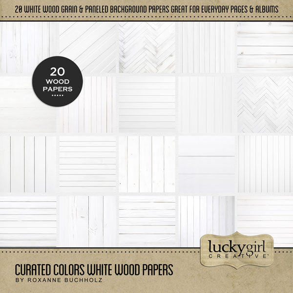 Collect the entire series of Curated Colors by Lucky Girl Creative digital art! Access your digital art in easy-to-use coordinated color palettes. Add these white wood grain backgrounds to all your digital scrapbooking pages and mix-and-match them on various projects throughout the year! This kit is included in the Curated Colors White Bundle.