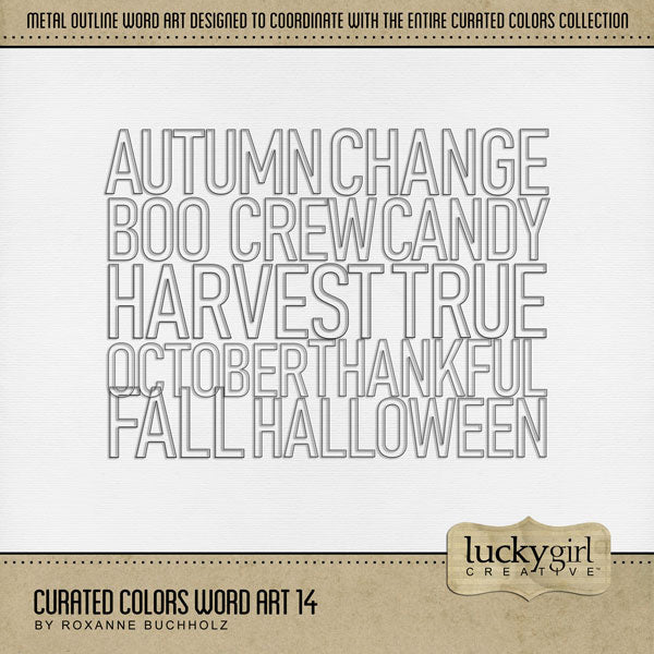 Collect the entire series of Curated Colors by Lucky Girl Creative digital art! Access your digital art in easy-to-use coordinated color palettes. Add these wire outline word art pieces to all your digital scrapbooking pages and mix-and-match them on various projects throughout the year! Word art includes Autumn, Boo Crew, Candy, Change, Fall, Halloween, Harvest, October, Thankful, and True. This kit is included in the Curated Colors Orange Bundle.