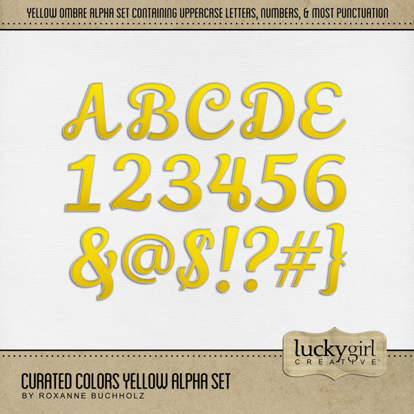 Collect the entire series of Curated Colors by Lucky Girl Creative digital art! Access your digital art in easy-to-use coordinated color palettes. Add these yellow letters, numbers, and punctuation to all your digital scrapbooking pages and mix-and-match them on various projects throughout the year! The Curated Colors Yellow Alpha Set consists of a full set of digital art uppercase alphabet letters A-Z, numbers 0-9, and most punctuation marks. This alpha set is available as individual embellishments only.