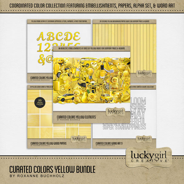 Collect the entire series of Curated Colors by Lucky Girl Creative digital art! Access your digital art in easy-to-use coordinated color palettes. Add these yellow embellishments, textured and wood papers, alpha set, and everyday wire word art to all your digital scrapbooking pages and mix-and-match them on various projects throughout the year! Embellishments include canary bird, balloon, book, butterfly, candle, car, auto, automobile, cheese, dress, gown, raincoat, sweater, hoodie, sweatshirt, and more.