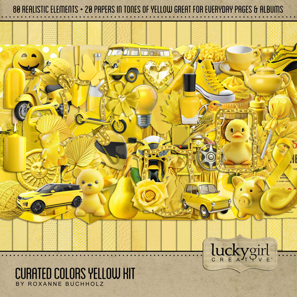Collect the entire series of Curated Colors by Lucky Girl Creative digital art! Access your digital art in easy-to-use coordinated color palettes. Add these yellow embellishments and papers to all your digital scrapbooking pages and mix-and-match them on various projects throughout the year! Embellishments include canary bird, balloon, book, butterfly, candle, car, auto, van, automobile, cheese, dress, gown, raincoat, sweater, hoodie, sweatshirt, tank top, coat check tag, happy face, envelope, and more.