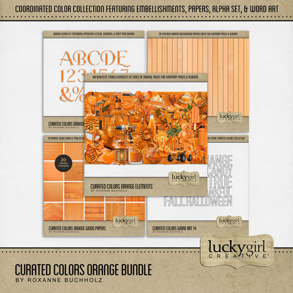 Collect the entire series of Curated Colors by Lucky Girl Creative digital art! Access your digital art in easy-to-use coordinated color palettes. Add these orange embellishments, textured and wood papers, alpha set, and everyday wire word art to all your digital scrapbooking page to all your digital scrapbooking pages and mix-and-match them on various projects throughout the year! Orange embellishments include parrot, bird, pheasant, butterfly, crab, goldfish, newt, gecko, all terrain vehicle, and more.