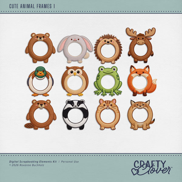 Accent your favorite photos with these fun embroidered animal frames by Crafty Clover digital art for digital scrapbooking. Great for vacations to the United States and Canada, in addition to autumn outdoor and nature pages! Animal frame embellishments include badger, bear, beaver, bunny, rabbit, chipmunk, cougar, lynx, duck, mallard, fox, frog, hedgehog, moose, and owl. This kit is NOT included in any bundle.