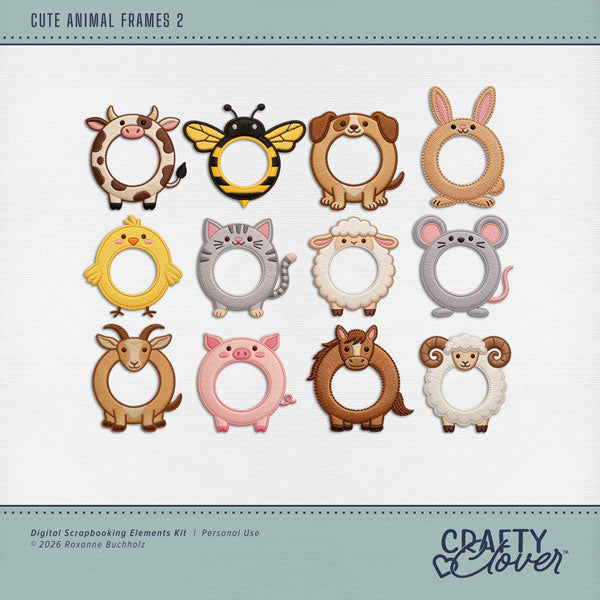 Accent your favorite photos with these fun embroidered animal frames by Crafty Clover digital art for digital scrapbooking. Great for life on the farm! Animal frame embellishments include bee, rabbit, cat, kitty, chick, chicken, cow, dog, goat, horse, sheep, mouse, pig, and ram. This kit is NOT included in any bundle.