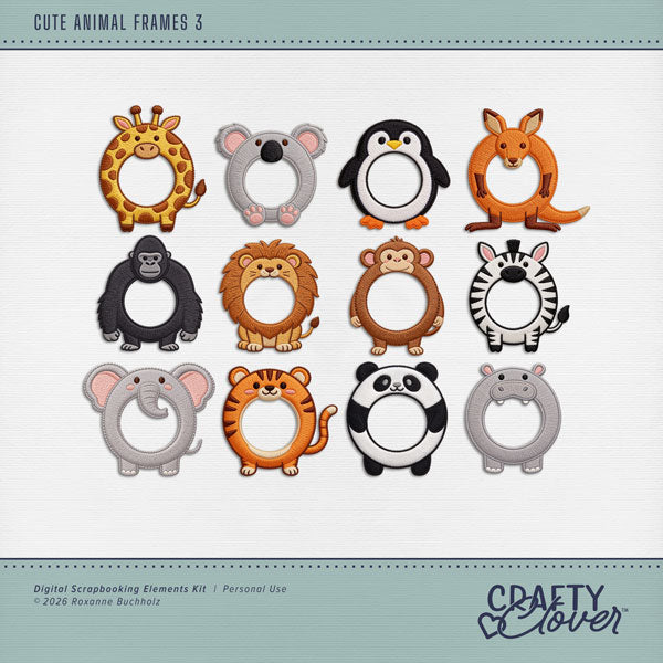 Accent your favorite photos with these fun embroidered animal frames by Crafty Clover digital art for digital scrapbooking. Great for vacations to Africa and Australia! Animal frame embellishments include elephant, giraffe, ape, gorilla, hippo, kangaroo, koala, lion, monkey, panda, penguin, tiger, and zebra. This kit is NOT included in any bundle.