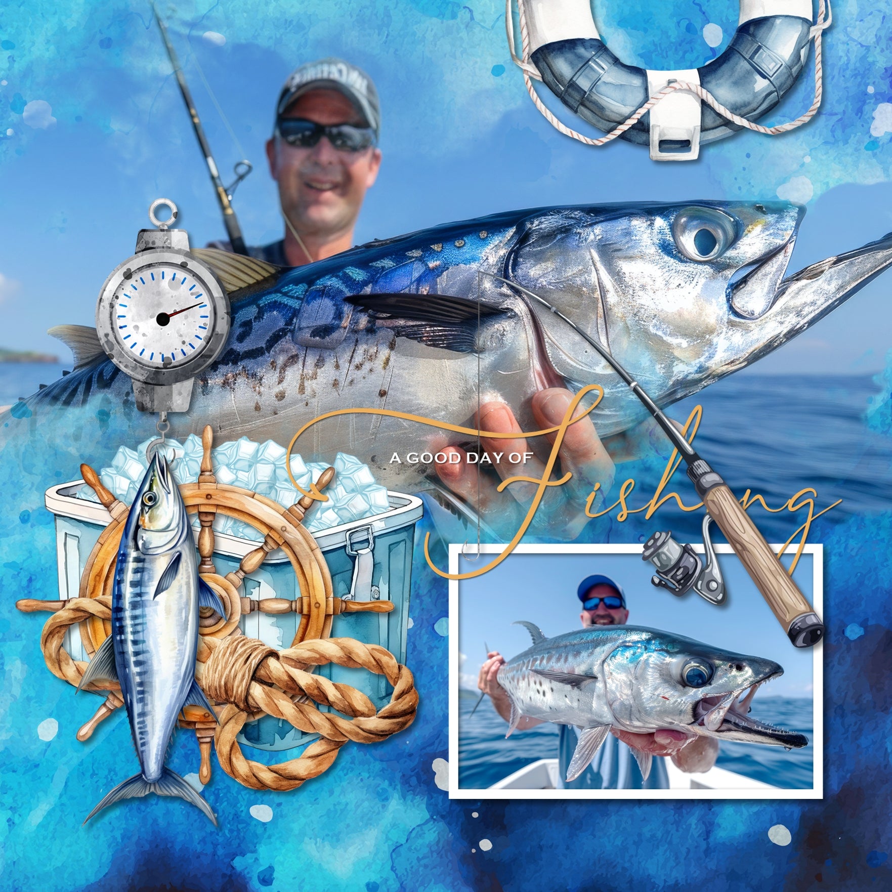 These watercolor embellishments and abstract water papers by Lucky Girl Creative digital art are the perfect addition to any summer fishing trip, ocean adventure with friends, or saltwater offshore fishing digital scrapbooking pages. Perfect for vacations to Florida, California, the Caribbean, Hawaii, and more. Embellishments include pelican, bird, seagull, fish, lobster, shark, shrimp, bucket of fish, hat, rain jacket, cooler, insulated bag, ice, pier, dock, rope, wharf, depth finder, angler, and more.