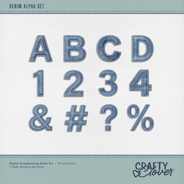 Designed for everyday use, you can create one-of-a-kind page titles with these denim alphabet letters, numbers, and most punctuation by Crafty Clover. This alpha set is available as individual embellishments only. This kit is NOT included in any bundle.