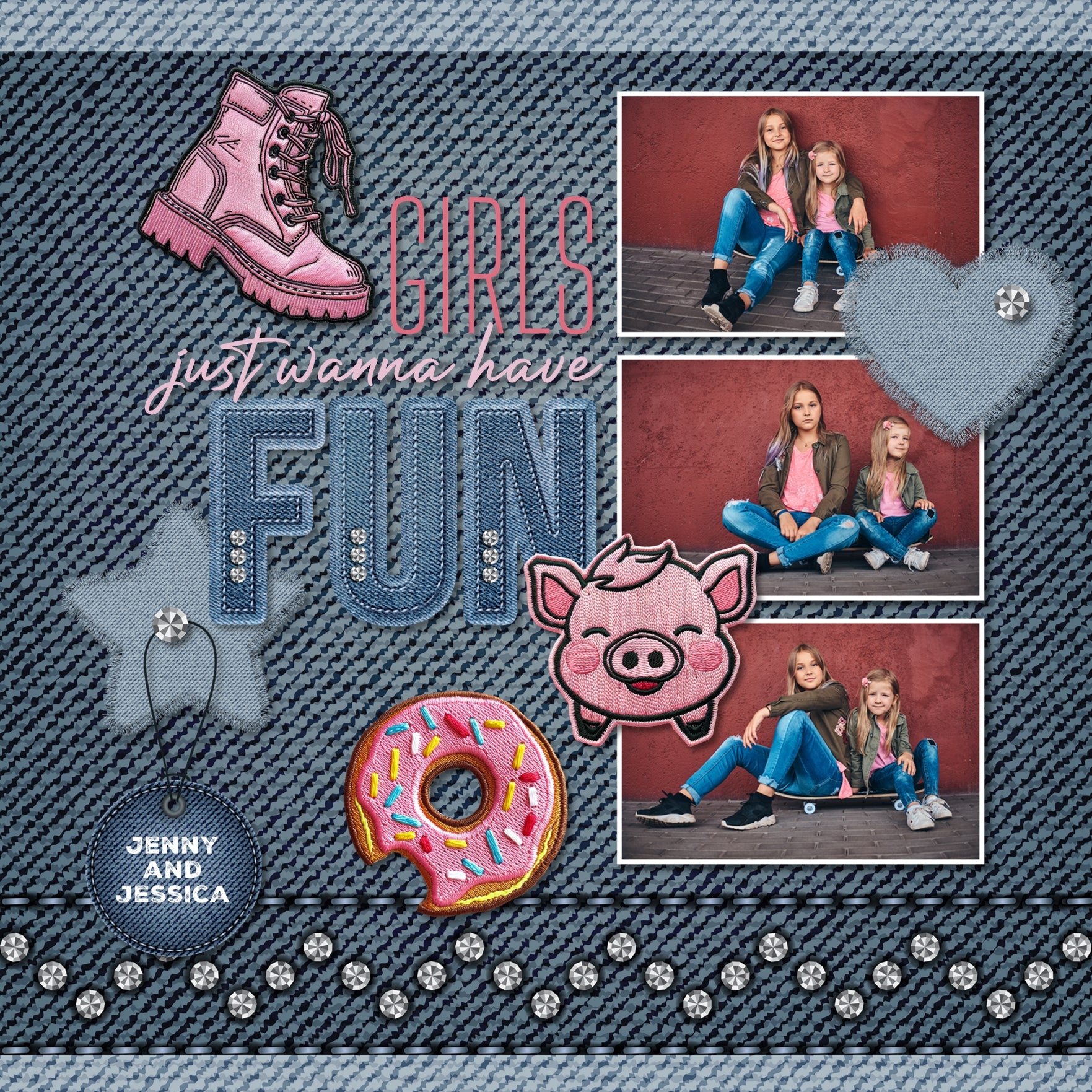 Denim and Diamonds are always the perfect accessory to your everyday digital scrapbooking pages! These digital scrapbooking alphabet letters, numbers, and punctuation by Lucky Girl Creative digital art are great for creating one-of-a-kind page titles for kids, teens, boys, men, work, western, glitz, glam, sports, school fashion, and more. The Denim & Diamonds Alpha Set is included in the Denim & Diamonds Bundle.