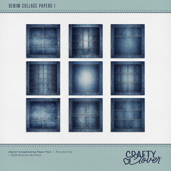 Make quick and easy collage pages with these grid background papers in blue jean denim with decorative stitching by Crafty Clover digital art. Each paper in the set is designed to mix-and-match for a consistent look and feel. Add your photos and embellishments to each grid section or feel free to think outside the box. Easily colorized by adjusting the Hue or using Color Wash. This kit is NOT included in any bundle.