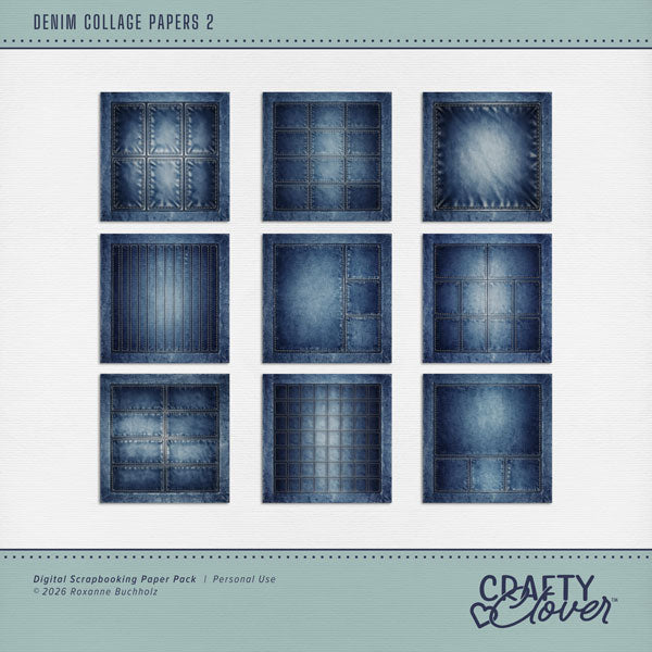 Make quick and easy collage pages with these grid background papers in blue jean denim with decorative stitching by Crafty Clover digital art. Each paper in the set is designed to mix-and-match for a consistent look and feel. Add your photos and embellishments to each grid section or feel free to think outside the box. Easily colorized by adjusting the Hue or using Color Wash. This kit is NOT included in any bundle.