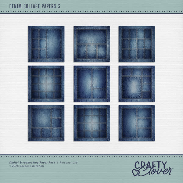 Make quick and easy collage pages with these grid background papers in blue jean denim with decorative stitching by Crafty Clover digital art. Each paper in the set is designed to mix-and-match for a consistent look and feel. Add your photos and embellishments to each grid section or feel free to think outside the box. Easily colorized by adjusting the Hue or using Color Wash. This kit is NOT included in any bundle.