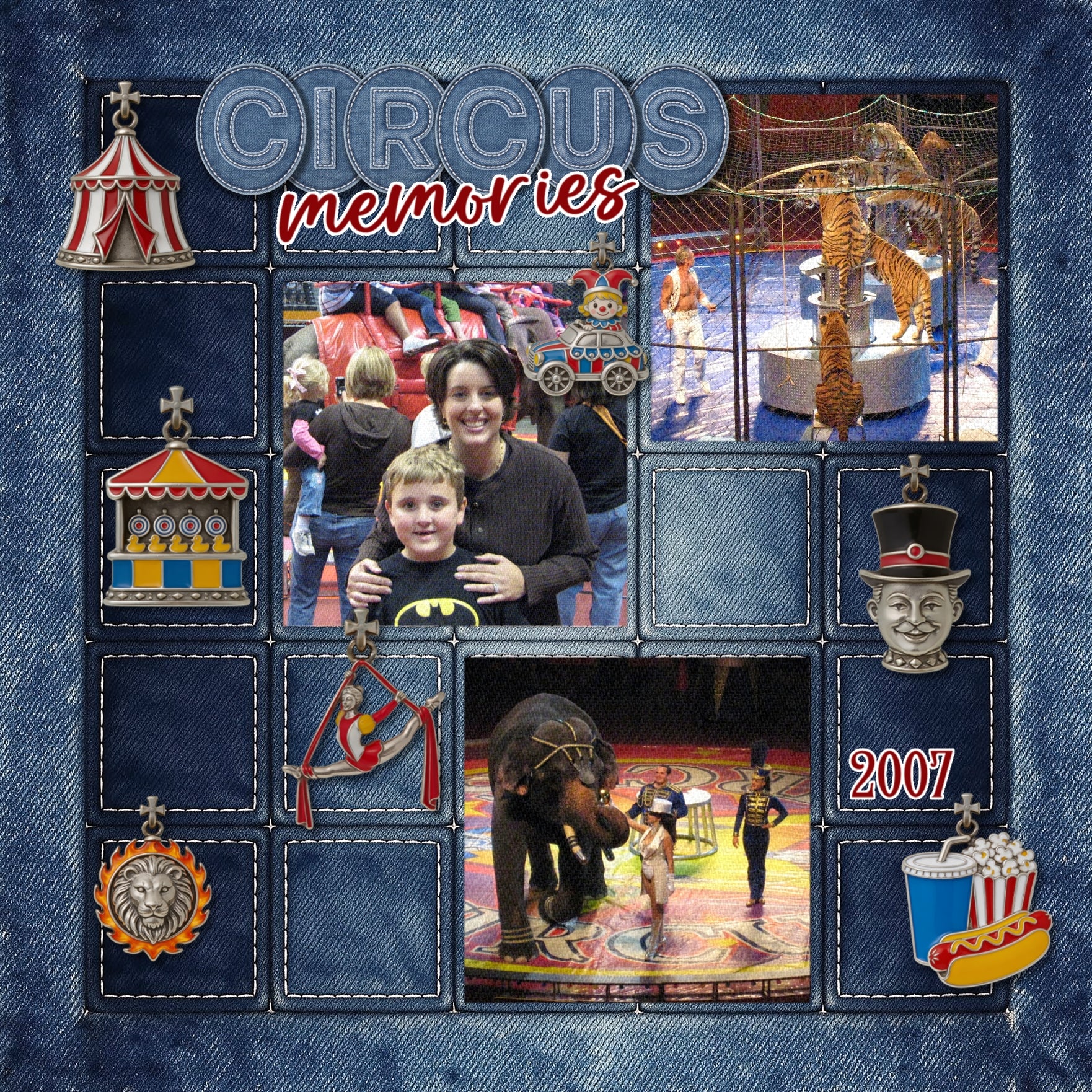 Step right up and document your memories with these fun circus charms by Crafty Clover digital art! Great for themed birthday parties, carnivals, and school festivals, too! Charm embellishments include aerial acrobat, silks, carnival game, circus tent, clown, Ferris Wheel, food, hot dog, popcorn, soda, horse, lion, ringmaster, seal, and tightrope walker. This kit is NOT included in any bundle.