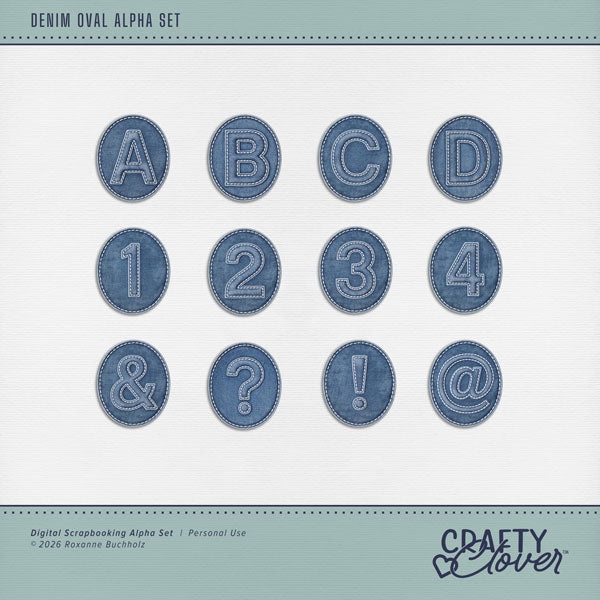 Designed for everyday use, you can create one-of-a-kind page titles with these oval denim alphabet letters, numbers, and most punctuation by Crafty Clover. This alpha set is available as individual embellishments only. This kit is NOT included in any bundle.