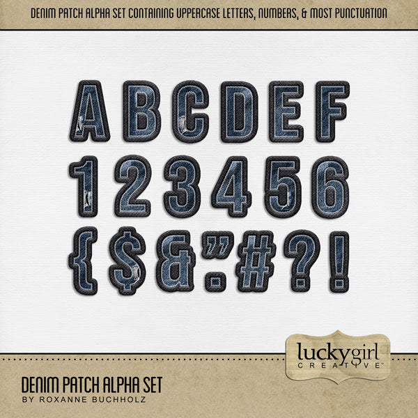 These blue and black denim fabric alphabet and number digital scrapbooking embellishments by Lucky Girl Creative digital art are easy to use for everyday digital scrapbook page titles. Use for documenting sewing projects, school and children themes, sports, and more! The Denim Patch Alpha Set consists of a full set of digital art uppercase alphabet letters A-Z, numbers 0-9, and most punctuation marks. This alpha set is available as individual embellishments only.