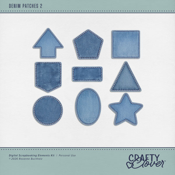 Designed for everyday use, these denim patches by Crafty Clover will add a touch of fun to all your digital scrapbooking pages as you use them over and over again. This kit is NOT included in any bundle.