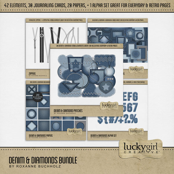 Denim and Diamonds are always the perfect accessory to your everyday digital scrapbooking pages! Great for kids, teens, boys, men, work, western, glitz, glam, sports, school fashion, and more. Bundle by Lucky Girl Creative digital art includes zippers, patches, papers, journaling cards, and a blue jean denim alpha set.