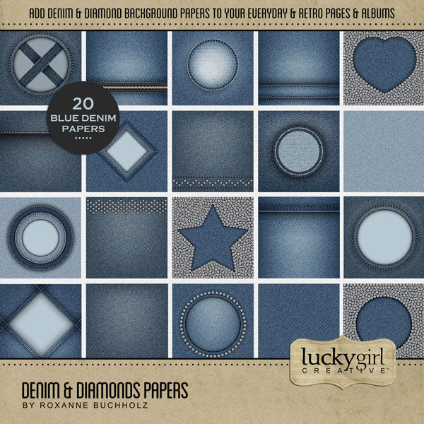 Denim and Diamonds are always the perfect accessory to your everyday digital scrapbooking pages! Great for kids, teens, boys, men, work, western, glitz, glam, sports, school fashion, and more. The Denim & Diamonds Papers Kit is included in the Denim & Diamonds Bundle.