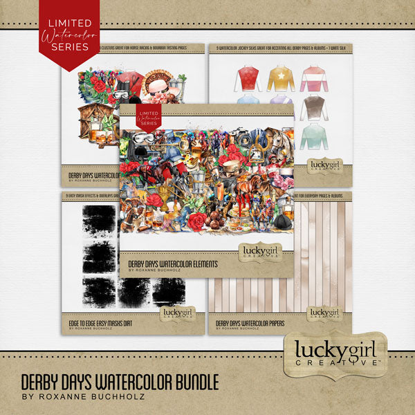 Celebrate all things Kentucky, equestrian, horse racing, and bourbon with this beautiful watercolor Derby Days digital scrapbooking bundle by Lucky Girl Creative digital art. Great for horse racing, bourbon tours and tasting, Kentucky Derby parties, equestrian events, and vacations to Kentucky. This bundle includes watercolor embellishments, jockey silks, clusters, pretty papers, and Edge to Edge Easy Masks.